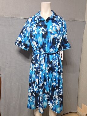 DKNY Blue and White Floral Midi Shirt Dress Size 10.
